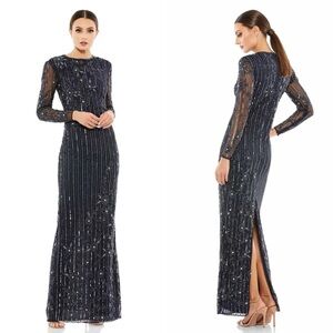 NEW NWT Mac Duggal Embellished High Neck Illusion Long Sleeve Gown Navy Blue